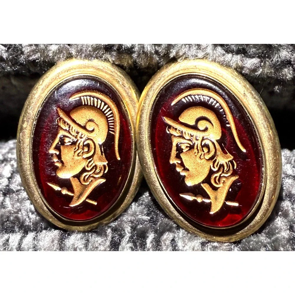 Vintage Roman Centurion Soldier Red Stone w/Gold Toned Wrap Cuff Links